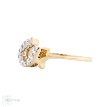 Vintage Dainty Diamond Horseshoe Ring, 18ct 18k Gold.