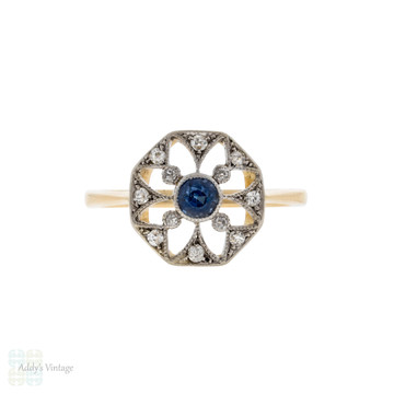Vintage Sapphire & Diamond Filigree Ring, Snowflake Design 18ct Gold.