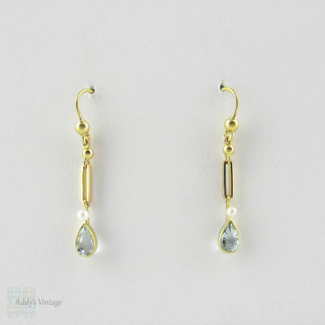 Edwardian Aquamarine & Seed Pearl Drop Earrings. Antique Pear Shaped Dangles in 18 Carat Yellow Gold.