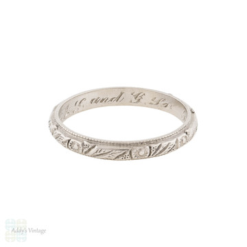 1920s Platinum Engraved Wedding Ring, Floral Design Band Size J.5 / 5+