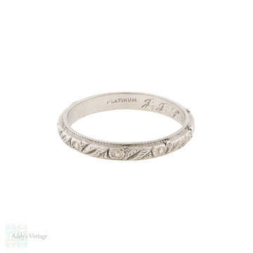 1920s Platinum Engraved Wedding Ring, Floral Design Band Size J.5 / 5+
