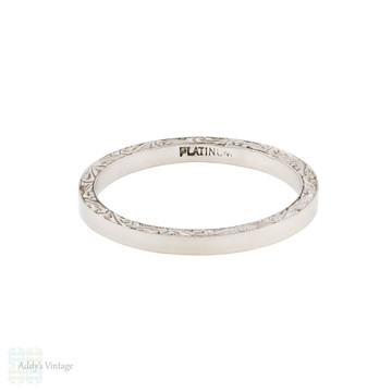 Vintage Platinum Wedding Ring, Hand Engraved Scroll Sides. Size O / 7.25.