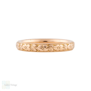 Engraved Orange Blossom 1940s Vintage 9ct Rose Gold Wedding Band, Size I.5 / 4.75.