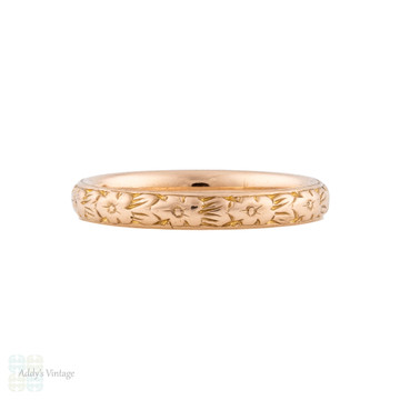 Engraved Orange Blossom 1940s Vintage 9ct Rose Gold Wedding Band, Size I.5 / 4.75.