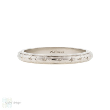 Vintage Flower Blossom Engraved Platinum Wedding Ring, Size N / 6.75.