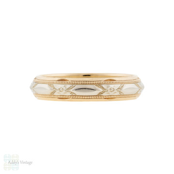 Engraved Vintage Two-Tone 14k Gold Floral Wedding Ring, Size S.5 / 9.5.