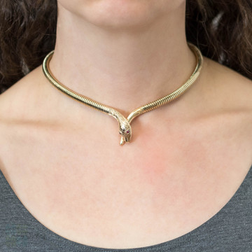 Retro 9ct Gold Snake Necklace with Ruby Eyes by Cropp & Farr.