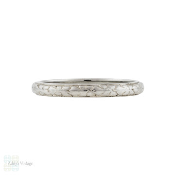 Floral Engraved Vintage Belais 18k White Gold Wedding Ring, Size N / 6.75.