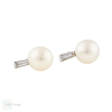 Vintage Baguette Diamond & Cultured Pearl Stud Earrings, 14k White Gold