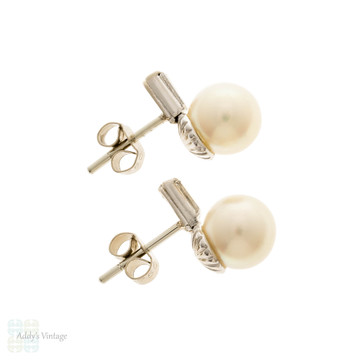 Vintage Baguette Diamond & Cultured Pearl Stud Earrings, 14k White Gold