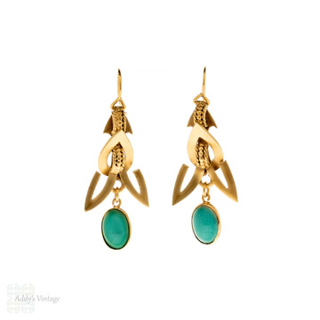 Antique Victorian Turquoise Gilt Drop Earrings, Tapered Design Dangles.