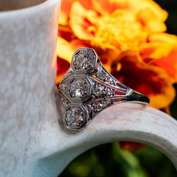 Art Deco 0.84ctw Old European Cut Diamond Cocktail Ring, 14k & Platinum.
