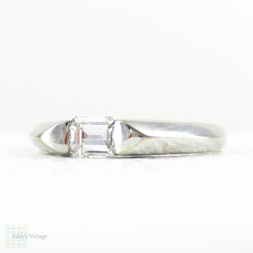 RESERVED. Estate Emerald Cut Diamond Ring in 18 Carat White Gold, Sleek Half Bezel Set Modern Band. 