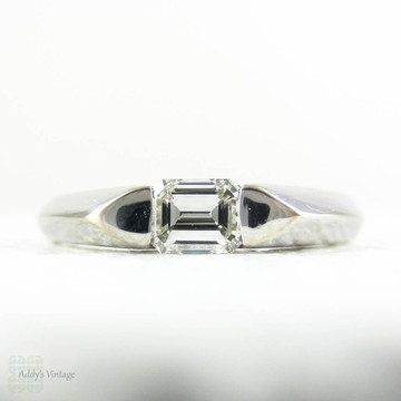 RESERVED. Estate Emerald Cut Diamond Ring in 18 Carat White Gold, Sleek Half Bezel Set Modern Band. 