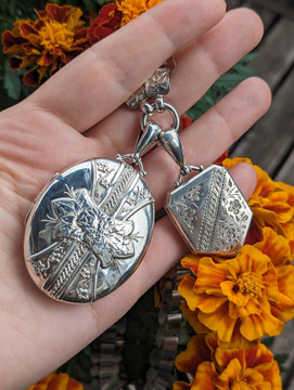 Large Antique Sterling Silver Flower & Ivy Engraved Locket, Circa 1880s.