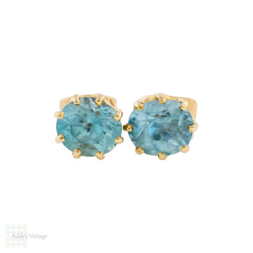 Vintage Blue Zircon 14ct Gold Earrings, Oval Cut Studs.