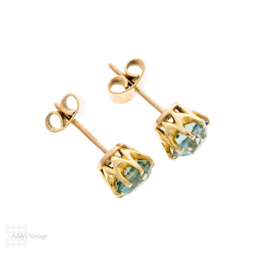 Vintage Blue Zircon 14ct Gold Earrings, Oval Cut Studs.