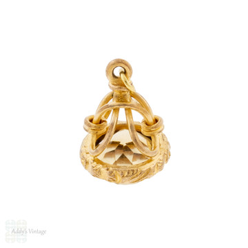 Victorian Faceted Yellow Citrine Gilt Fob, Antique Floral Engraved Pendant.