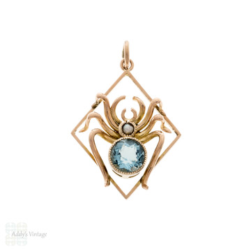 Antique 9ct Spider Pendant, Blue Paste & Seed Pearl 9k Bug.
