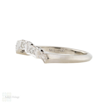 Vintage Curved Diamond Wedding Ring, 14k Three Stone Band.