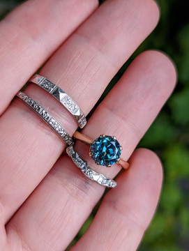 Vintage Curved Diamond Wedding Ring, 14k Three Stone Band.