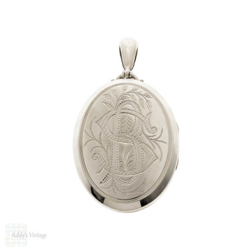 Victorian Sterling Silver Antique Engraved Floral Locket, SB BS Monogram.