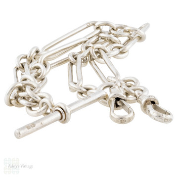 Antique Sterling Silver Trombone Link Chain Necklace Circa 1910, 39 cm / 15.35 inches
