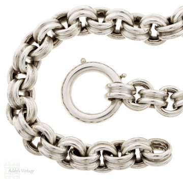 Chunky Antique Victorian Sterling Silver Book Chain with Oversized Clasp, 18 inches.