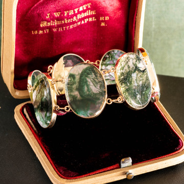 RESERVED Antique Green Moss Agate 9ct 9k Bezel Set Panel Bracelet.