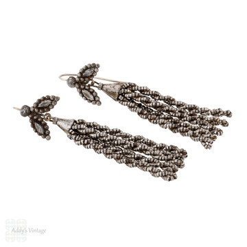 Georgian Cut Steel Tassel Earrings, Antique Long Dangles.