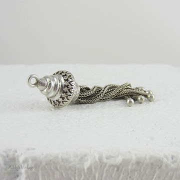 Antique Silver 7 Strand Tassel with Crown Design and Beaded Edges. Victorian 800-900 Silver Charm for Pendant or Watch Fob.