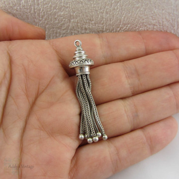 Antique Silver 7 Strand Tassel with Crown Design and Beaded Edges. Victorian 800-900 Silver Charm for Pendant or Watch Fob.