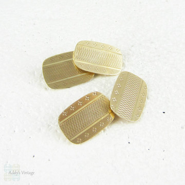 Gentleman's 9 Carat Yellow Gold Cuff Links. Double Faced Rectangle Cuff Links with Engine Turned Design, Circa 1920s - 1930s.
