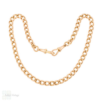 Curb Link 9ct Gold Antique Chain Necklace with Double Dog Clips. 39.5 cm / 15.5 inches.