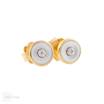 Old Cut Diamond & Mother of Pearl 14k Stud Earrings, Antique Conversion.