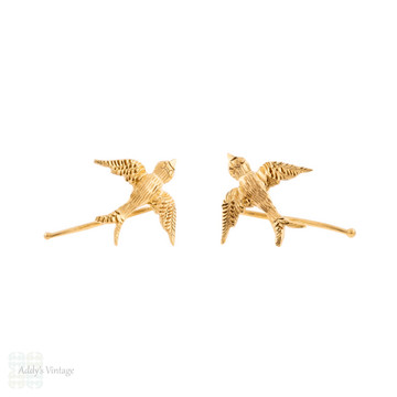 Small Vintage 9ct Gold Swallows in Flight Earrings, Antique Conversion.