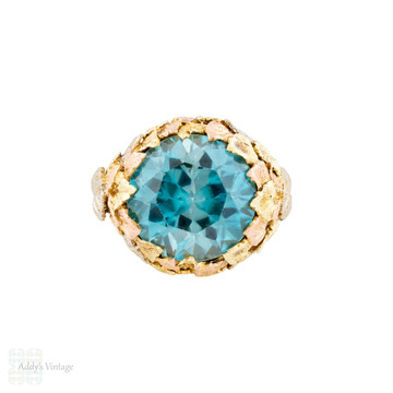 Bold Vintage Blue Zircon Cocktail Ring in 14k Yellow, Rose & White Gold.