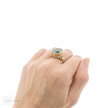 Bold Vintage Blue Zircon Cocktail Ring in 14k Yellow, Rose & White Gold.