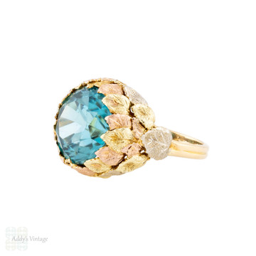 Bold Vintage Blue Zircon Cocktail Ring in 14k Yellow, Rose & White Gold.