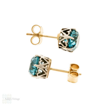 Blue Zircon Gold & Platinum Heart Design Vintage Stud Earrings.
