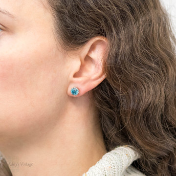 Blue Zircon Gold & Platinum Heart Design Vintage Stud Earrings.
