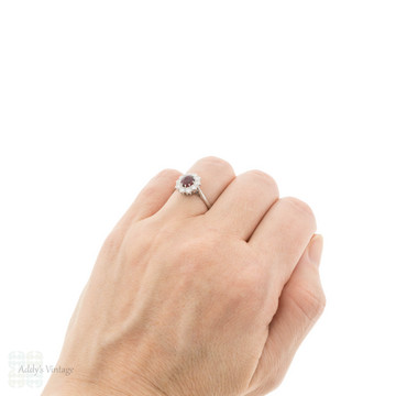 Ruby Diamond Halo Cluster Ring, Vintage 18ct White Gold & Platinum.