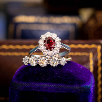 Ruby Diamond Halo Cluster Ring, Vintage 18ct White Gold & Platinum.