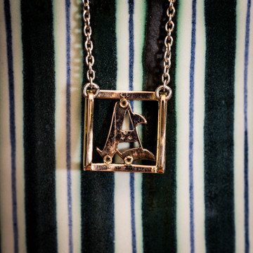 Antique "A" Diamond Initial Necklace, 9ct Gold & Silver Enamel Convered Letter.