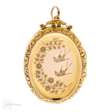 Victorian Swallows in Flight Locket, Bird & Flower Engraved 9ct Gold Front & Back.