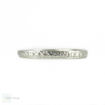 Art Deco Engraved Platinum Wedding Ring, Narrow Fully Engraved Band by Alabaster & Wilson, Circa 1920s - 1930s. Size O / 7.25.