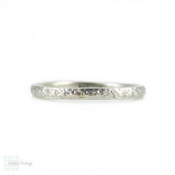 Art Deco Engraved Platinum Wedding Ring, Narrow Fully Engraved Band by Alabaster & Wilson, Circa 1920s - 1930s. Size O / 7.25.