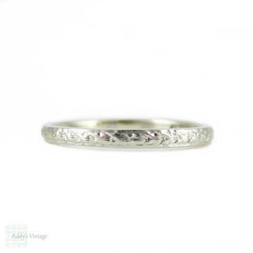 Art Deco Engraved Platinum Wedding Ring, Narrow Fully Engraved Band by Alabaster & Wilson, Circa 1920s - 1930s. Size O / 7.25.