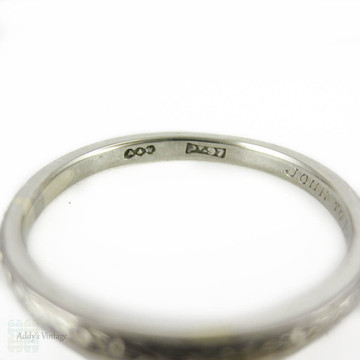 Art Deco Engraved Platinum Wedding Ring, Narrow Fully Engraved Band by Alabaster & Wilson, Circa 1920s - 1930s. Size O / 7.25.