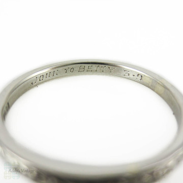 Art Deco Engraved Platinum Wedding Ring, Narrow Fully Engraved Band by Alabaster & Wilson, Circa 1920s - 1930s. Size O / 7.25.